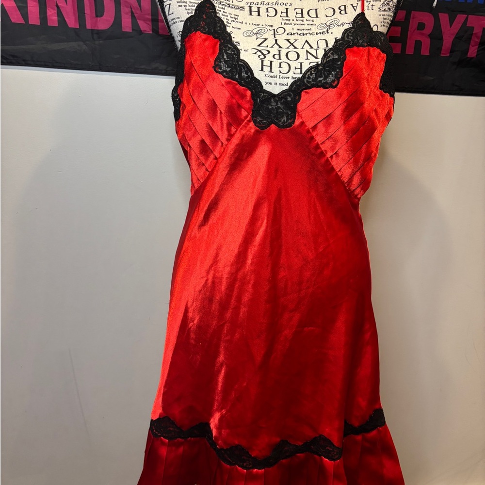 Victoria's Secret Scarlet Satin Slip with Ebony Lace